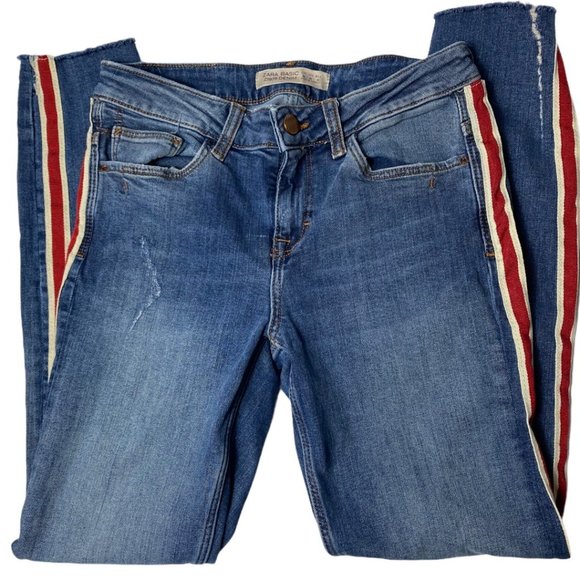 Zara Basic Z1975 Stretch Jeans Raw Cuff Red Stripe